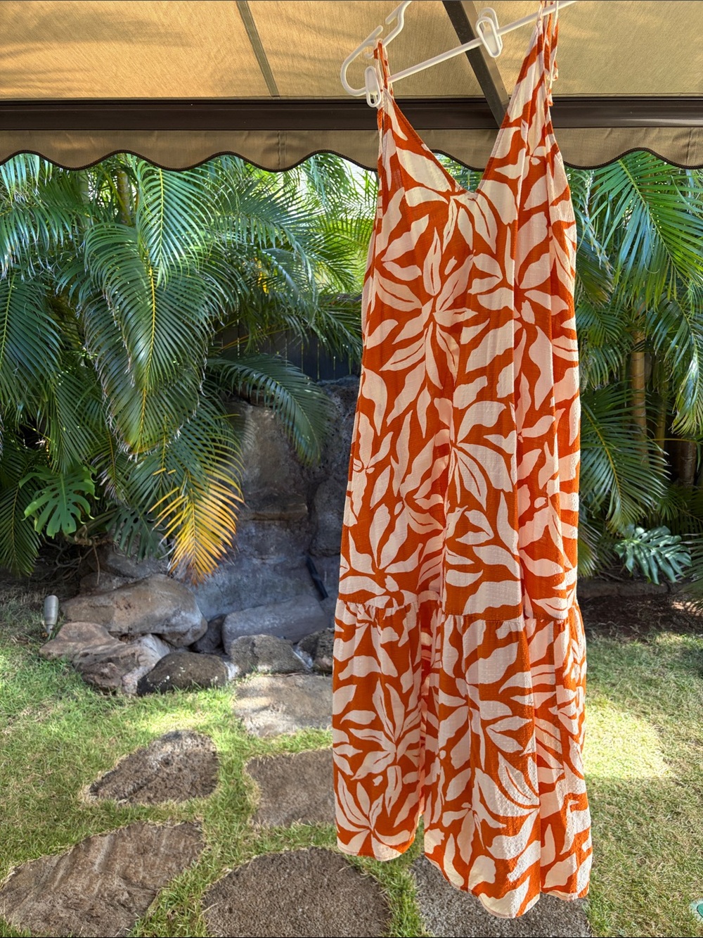 H&M Orange and White Leaf-Print Maxi Dress